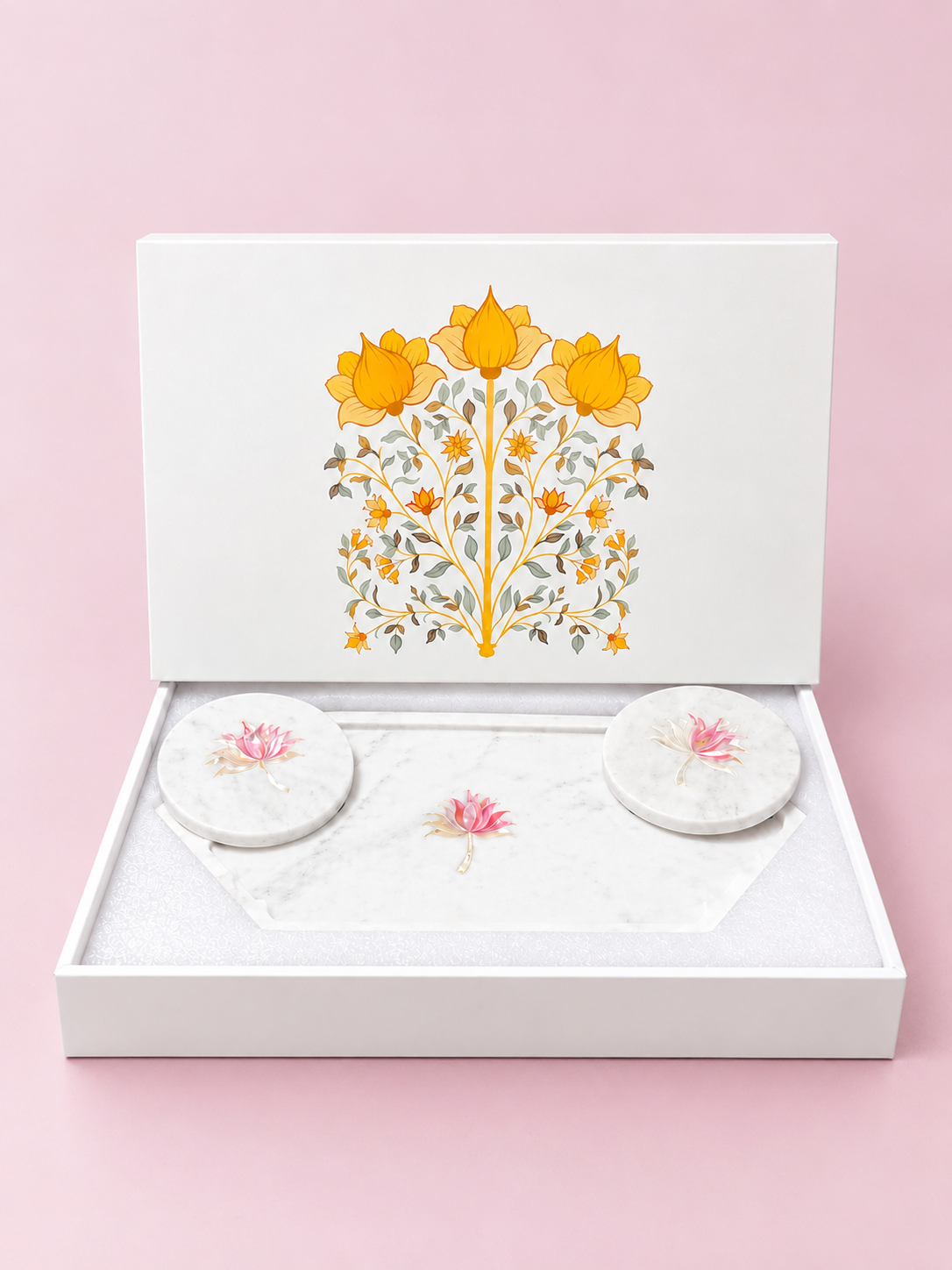 Royal Lotus White Marble Platter & Coaster Gift Set