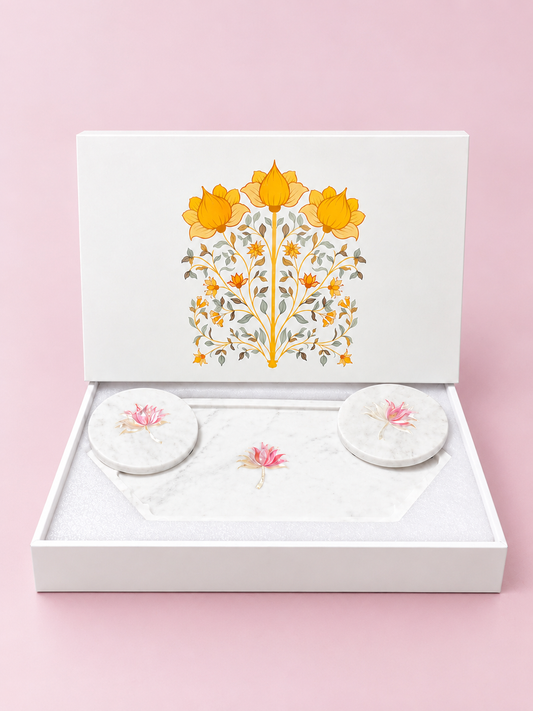 Royal Lotus White Marble Platter & Coaster Gift Set