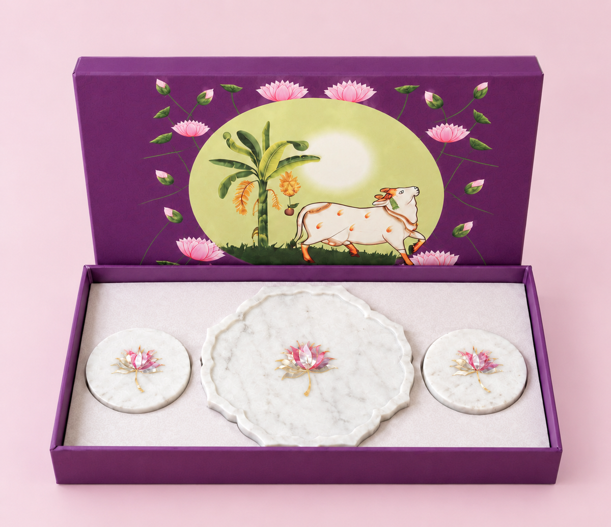 Lotus Marble Platter and Coaster Set – Luxury Festive Gift Box