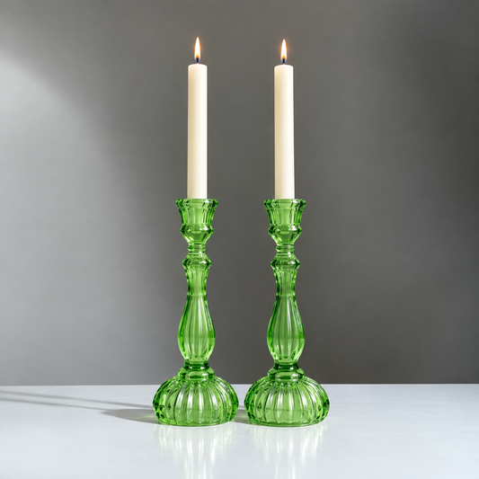 Green Glass Candle Holders with Taper Candles – Set of 2