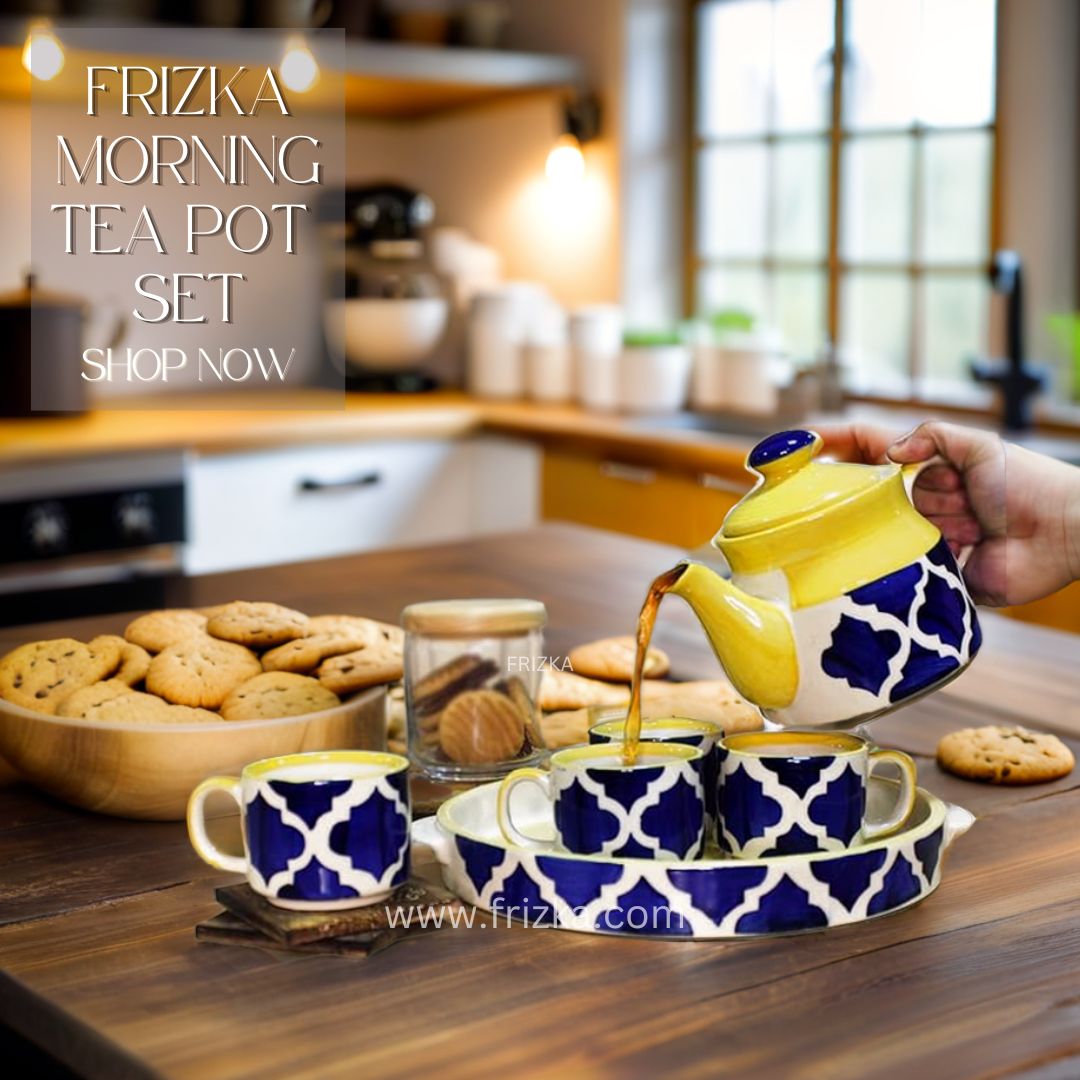 Frizka Blue Moroccan Tea Set with Kettle, Hand Painted Ceramic Tea Kettle Set with 4 Cups(150ml), 1 Kettle(700ml), 1 Tray (6 Pieces, Multicolor, Microwave Safe)