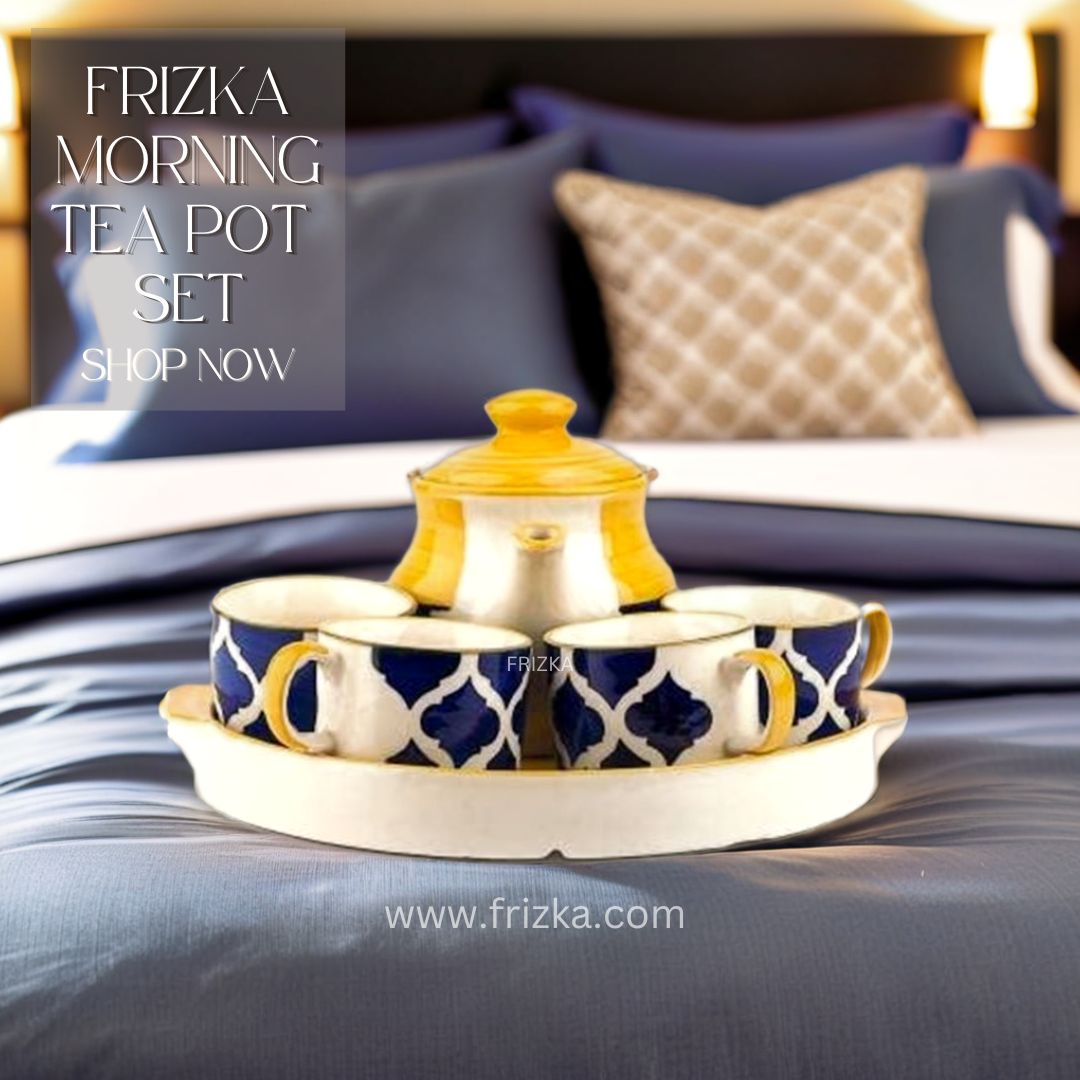 Frizka Blue Moroccan Tea Set with Kettle, Hand Painted Ceramic Tea Kettle Set with 4 Cups(150ml), 1 Kettle(700ml), 1 Tray (6 Pieces, Multicolor, Microwave Safe)