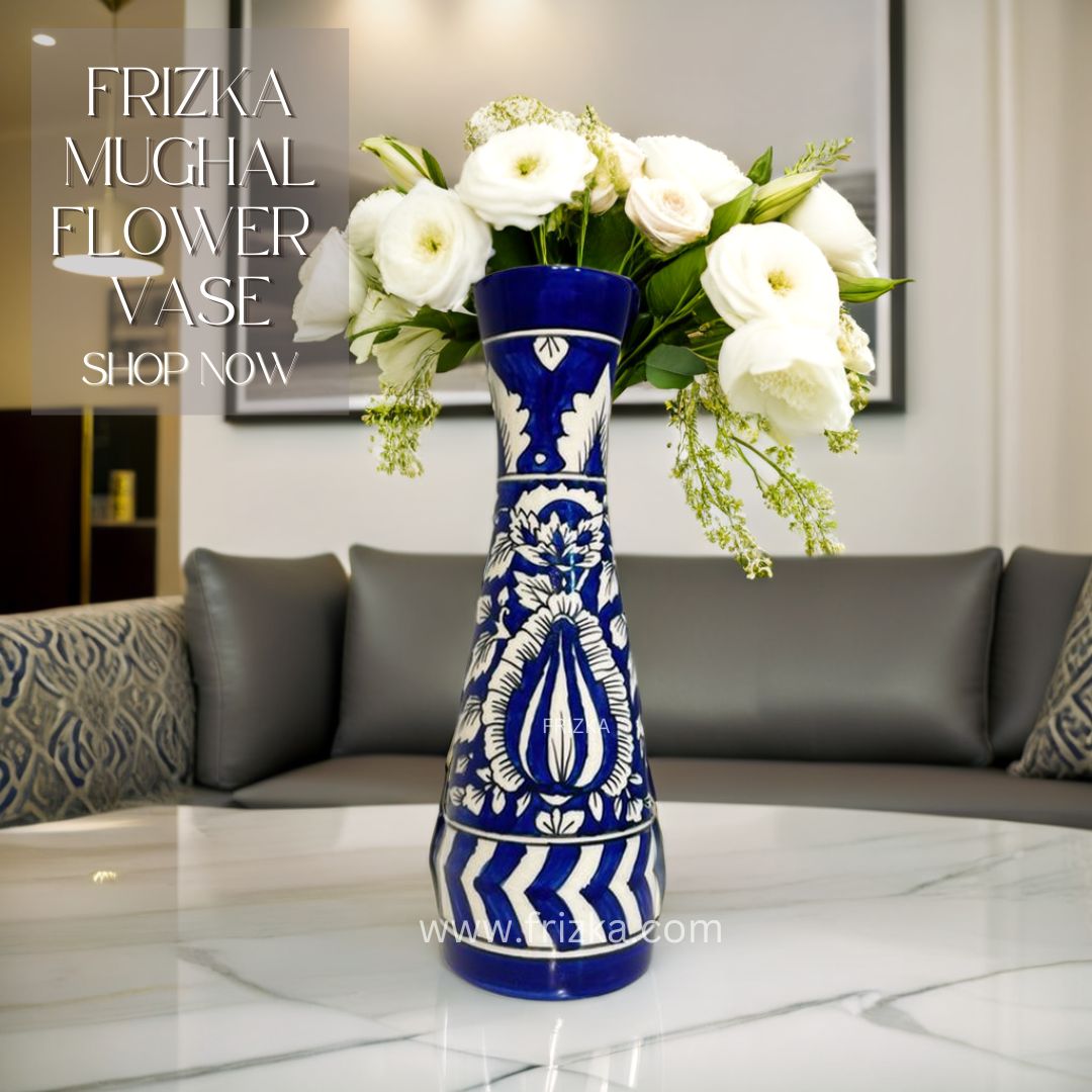 Frizka Ceramic Flower Vase  Ceramic Vase Centre Table Decoration Piece Home Decor Showpiece - For Home and Living Room Decor - Hand Painted - 32cm Height - Royal Blue Mughal - Wide Mouth