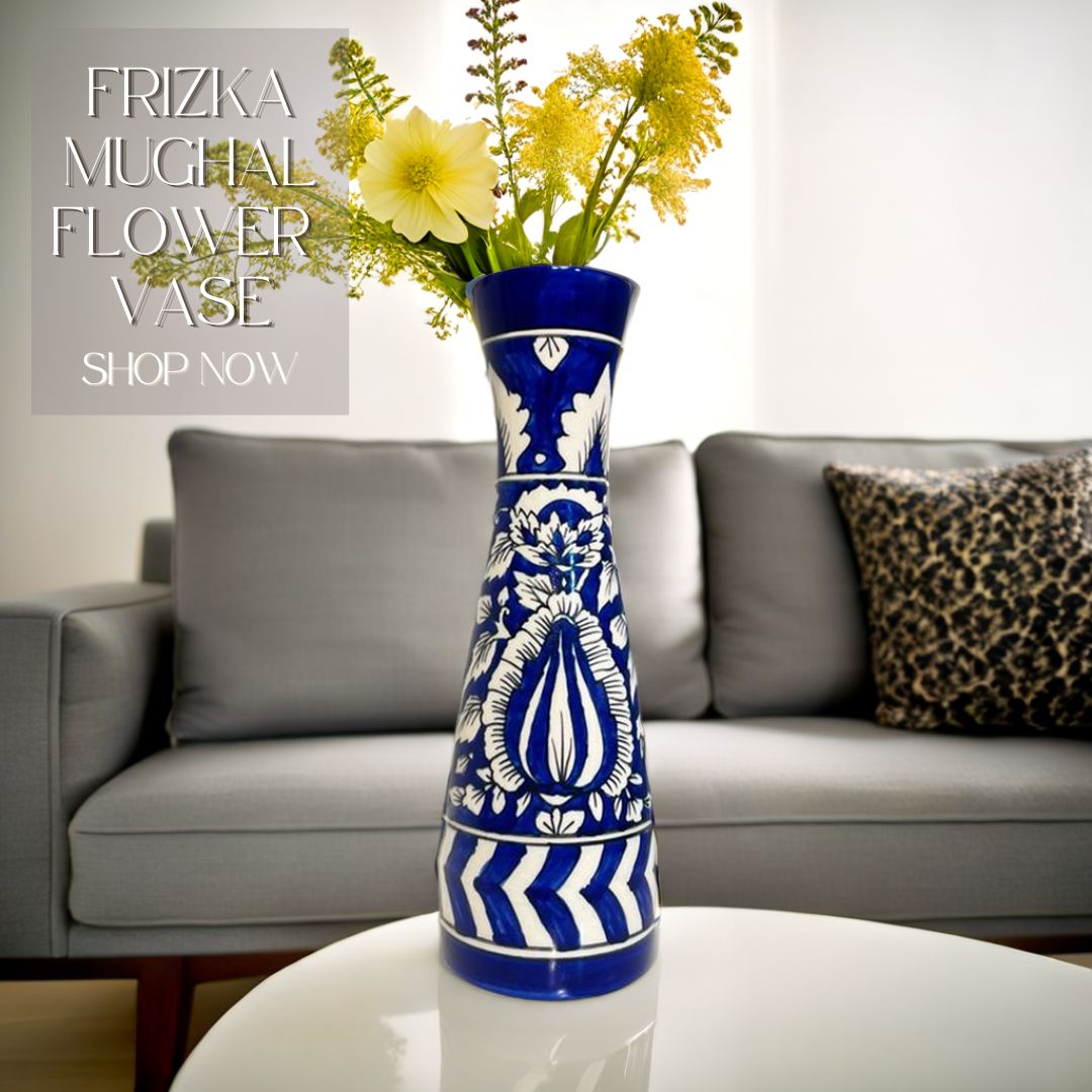 Frizka Ceramic Flower Vase  Ceramic Vase Centre Table Decoration Piece Home Decor Showpiece - For Home and Living Room Decor - Hand Painted - 32cm Height - Royal Blue Mughal - Wide Mouth