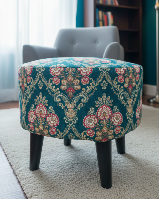 Teal Floral Damask Pouffe