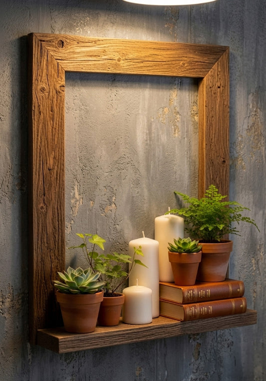 Rustic Wood Wall Frame & Floating Plant Shelf Set | Boho Home Decor India