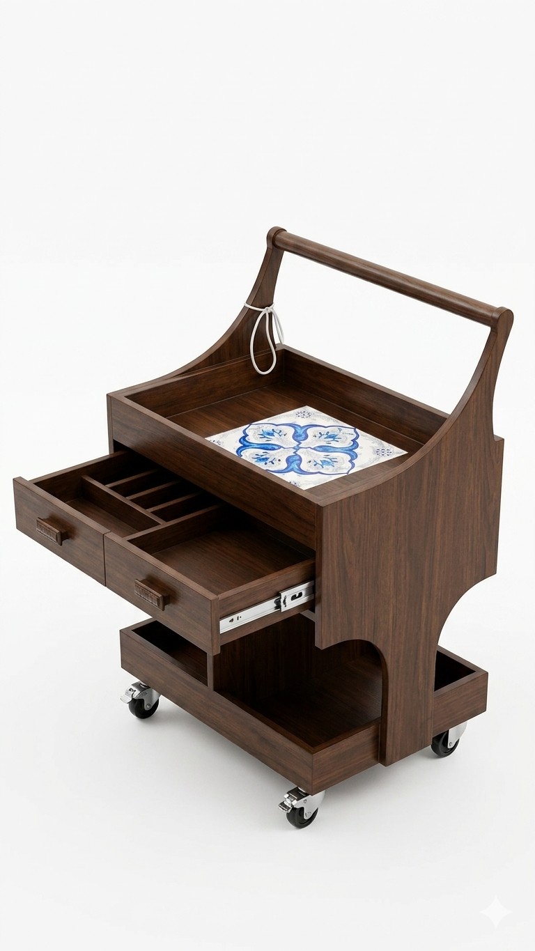 Handcrafted Solid Mango Wood Trolley | Bar Cart & Salon Rolling Cart with Drawers & Tile Top | India
