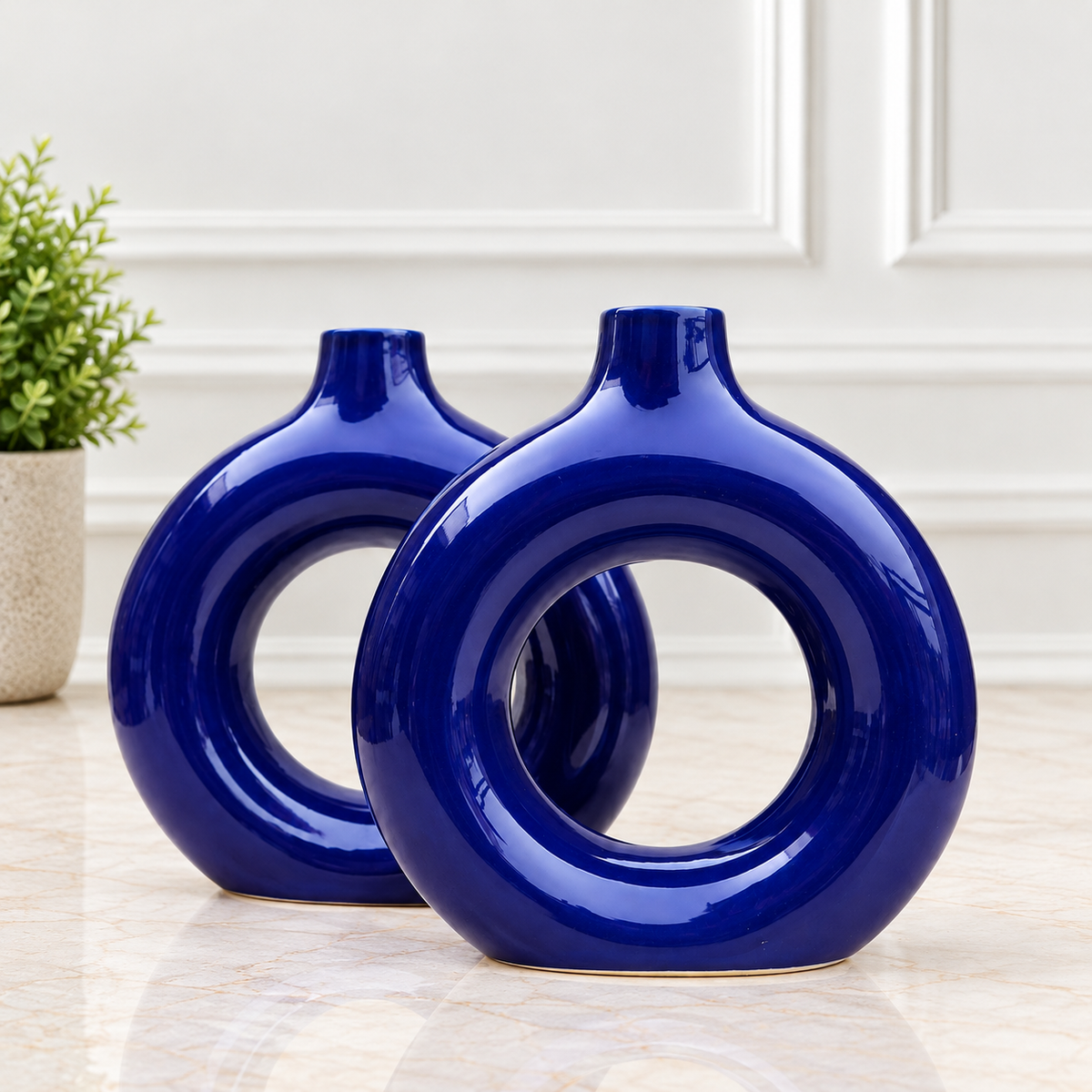 Cobalt Blue Ceramic Donut Vase Set