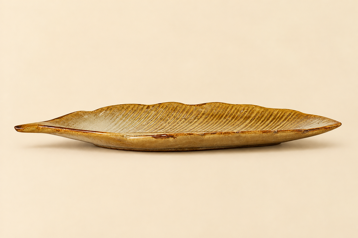 Serving Platter Glazed Beige Leaf Design