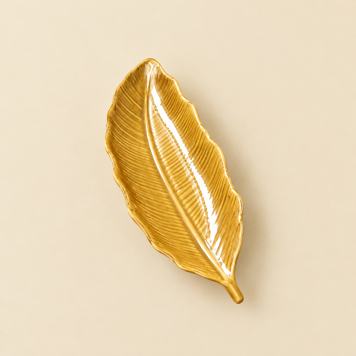 Serving Platter Glazed Beige Leaf Design