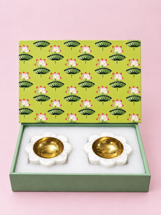 Lotus Marble and Brass Diya Set (Set of 2)