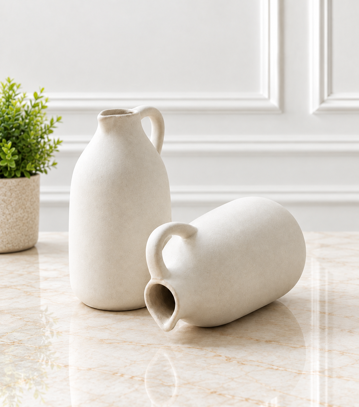 Minimalist Matte White Ceramic Jug Vase (Set of 2)