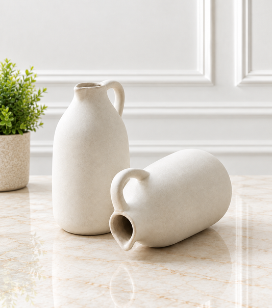 Minimalist Matte White Ceramic Jug Vase (Set of 2)