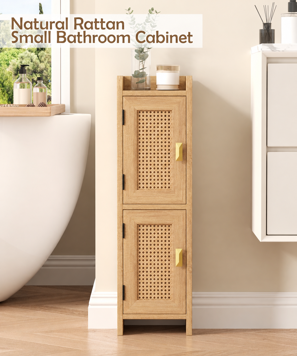 Rattan Small Bathroom Storage Cabinet – Slim Boho Organiser | Frizka India