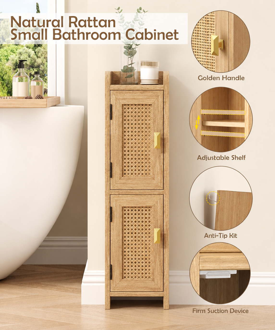 Rattan Small Bathroom Storage Cabinet – Slim Boho Organiser | Frizka India