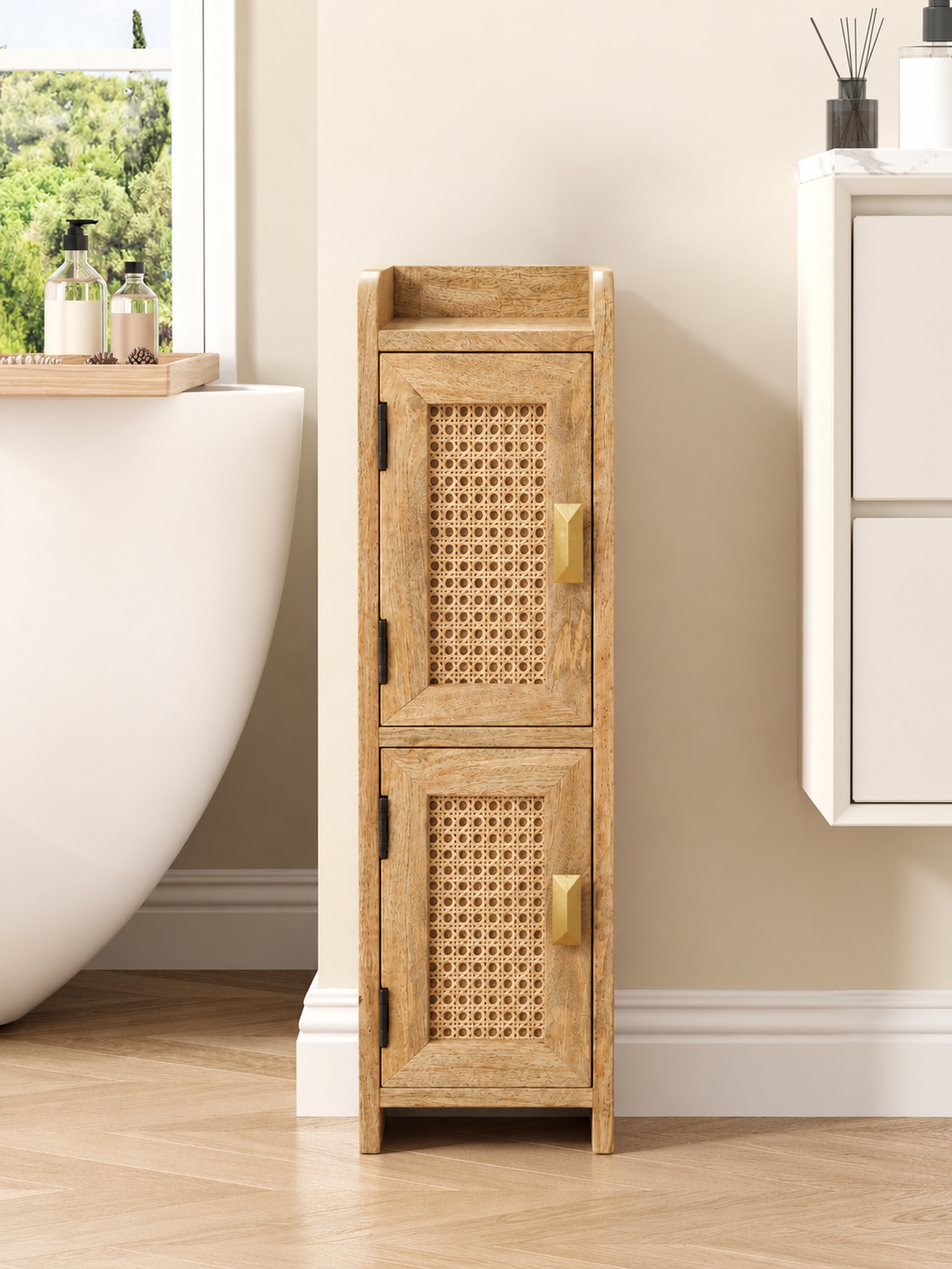 Rattan Small Bathroom Storage Cabinet – Slim Boho Organiser | Frizka India