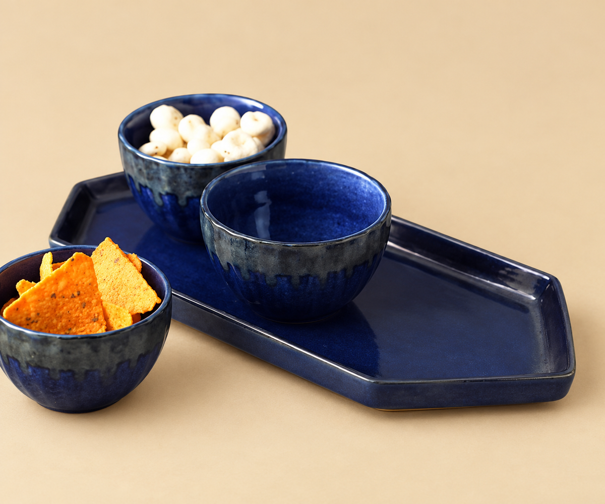 Ceramic Bowl Set with Serving Tray (Set of 4)