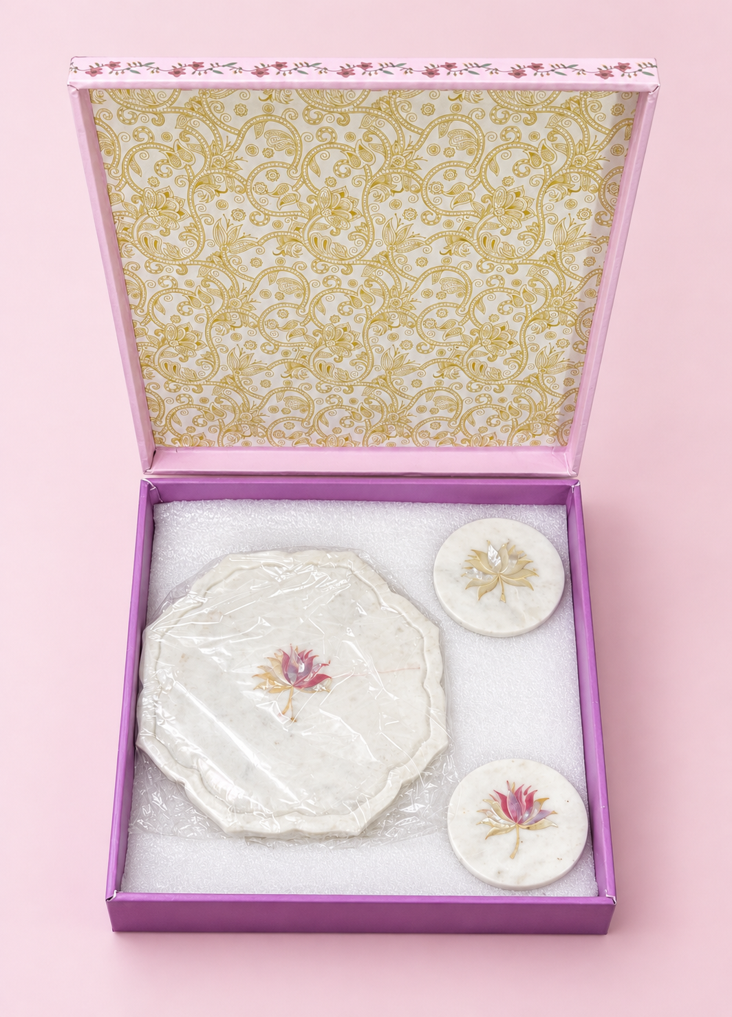 Lotus Marble Platter and Coaster Set – Luxury Festive Gift Box