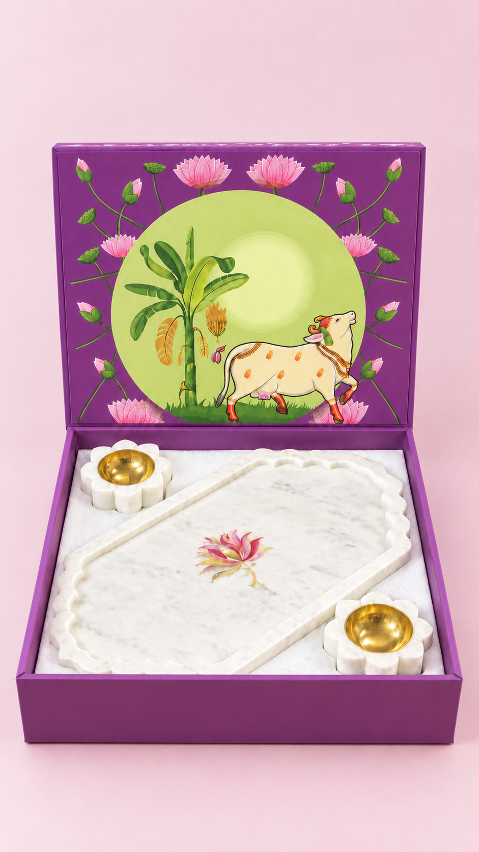 Handcrafted Marble Inlay Platter & Diya Gift Set