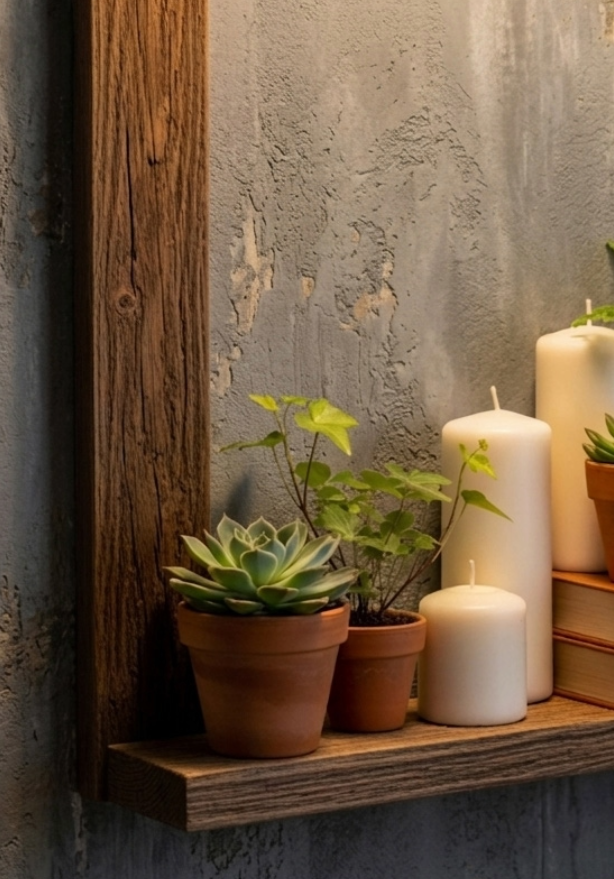 Rustic Wood Wall Frame & Floating Plant Shelf Set | Boho Home Decor India