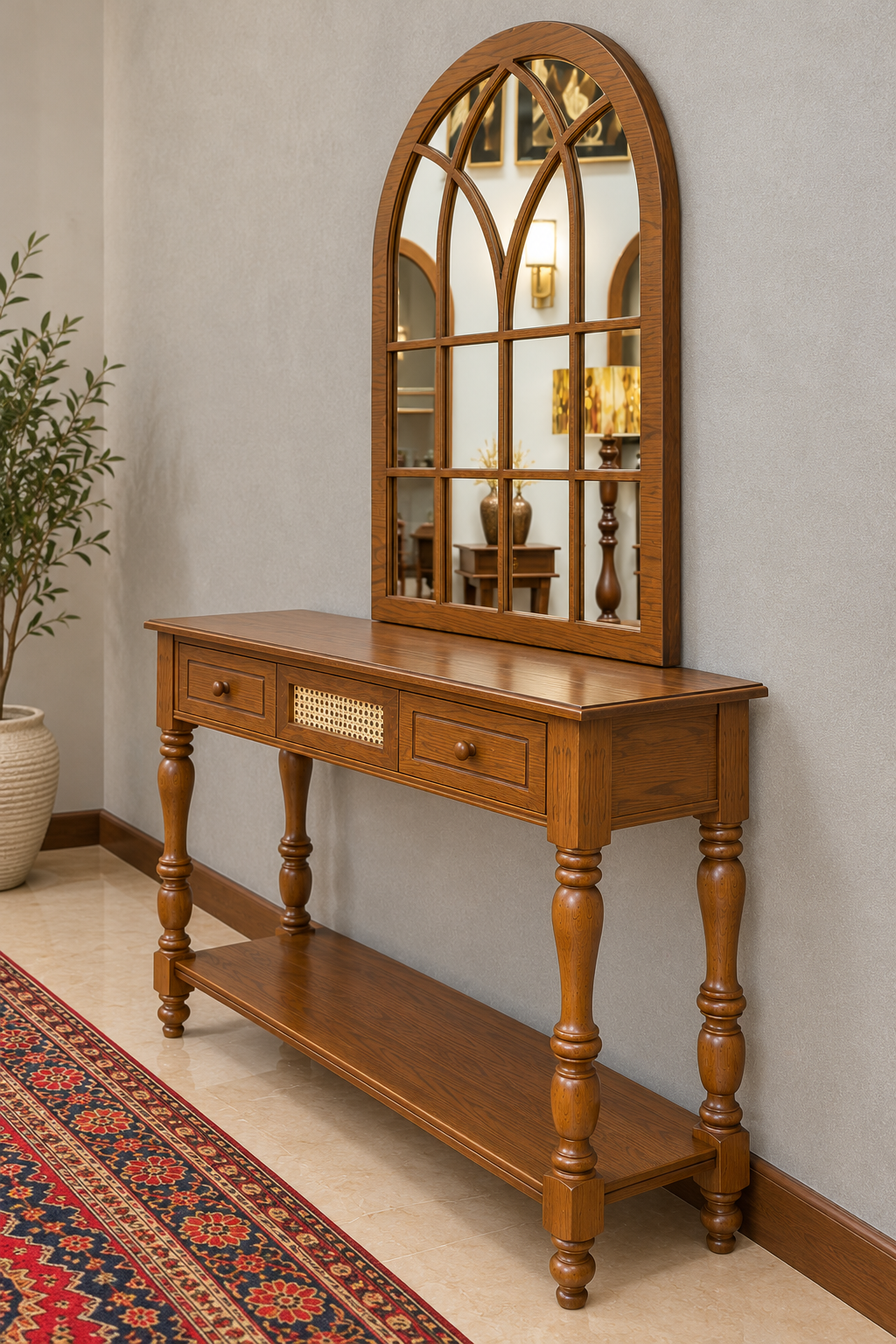 Royal Wooden Console Cabinet with Arched Decorative Mirror