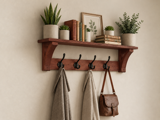Handcrafted Mango Wood Wall Mounted Key Holder with Shelf & Hooks