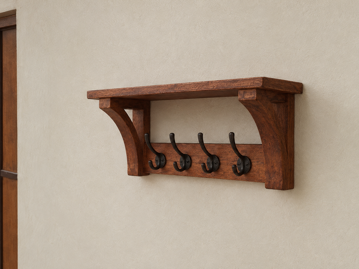 Handcrafted Mango Wood Wall Mounted Key Holder with Shelf & Hooks
