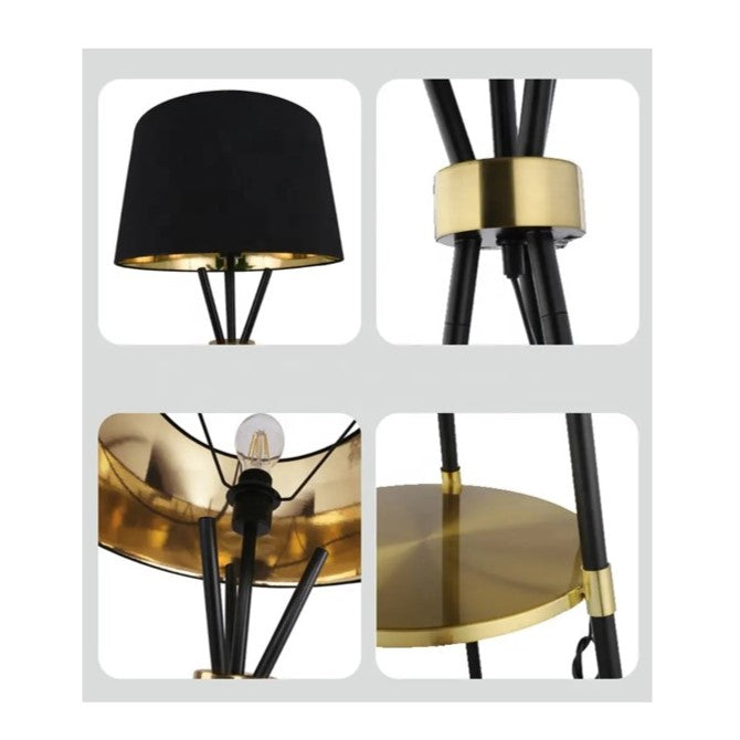 Gold and Black Shade Tripod Plant Stand Floor Lamp with one Tier Table