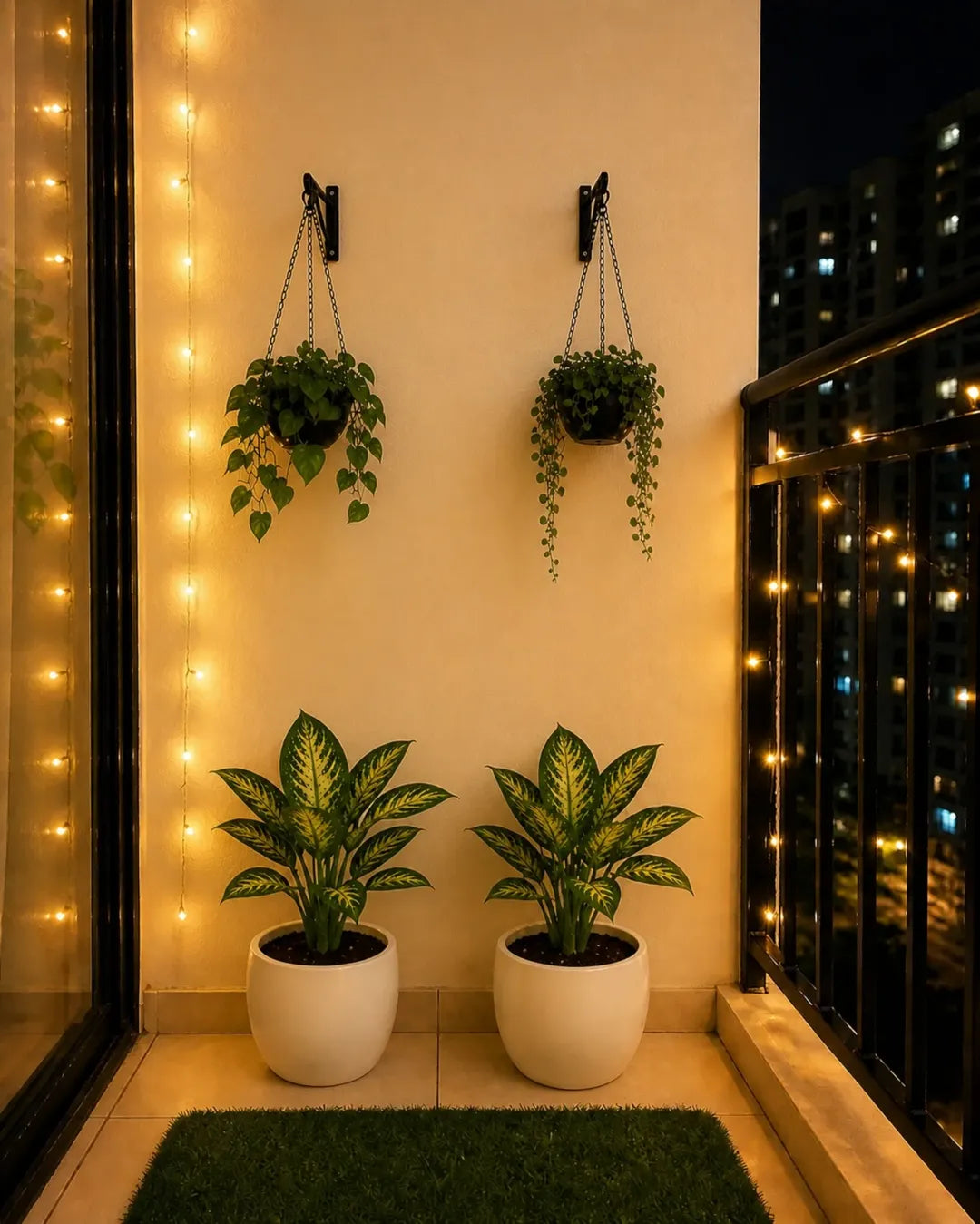 Cozy Balcony Garden Setup – Plants, String Lights & Grass Mat Included | India