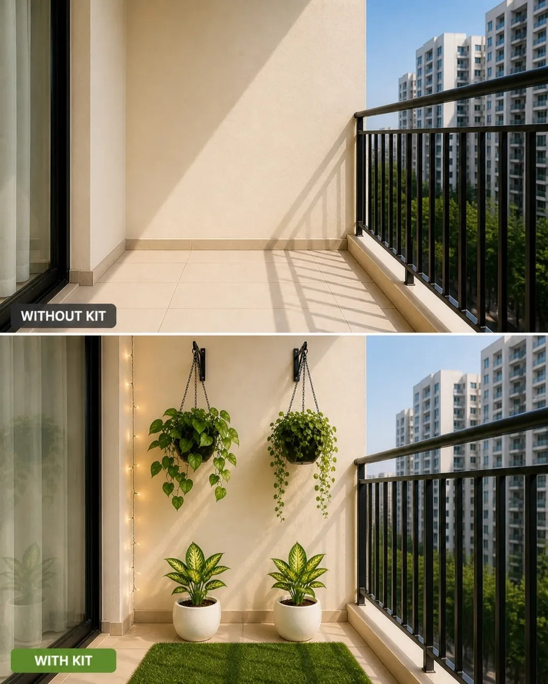 Cozy Balcony Garden Setup – Plants, String Lights & Grass Mat Included | India