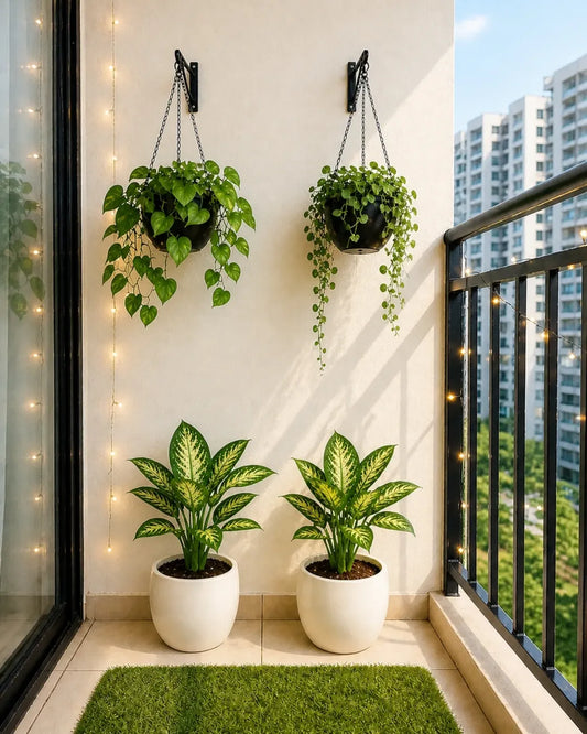 Cozy Balcony Garden Setup – Plants, String Lights & Grass Mat Included | India