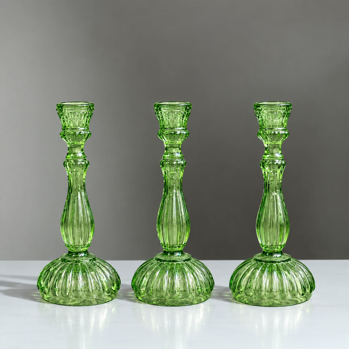 Green Glass Candle Holders with Taper Candles – Set of 2