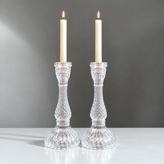 Clear Glass Candle Holders with Intricate Cutwork – Set of 2