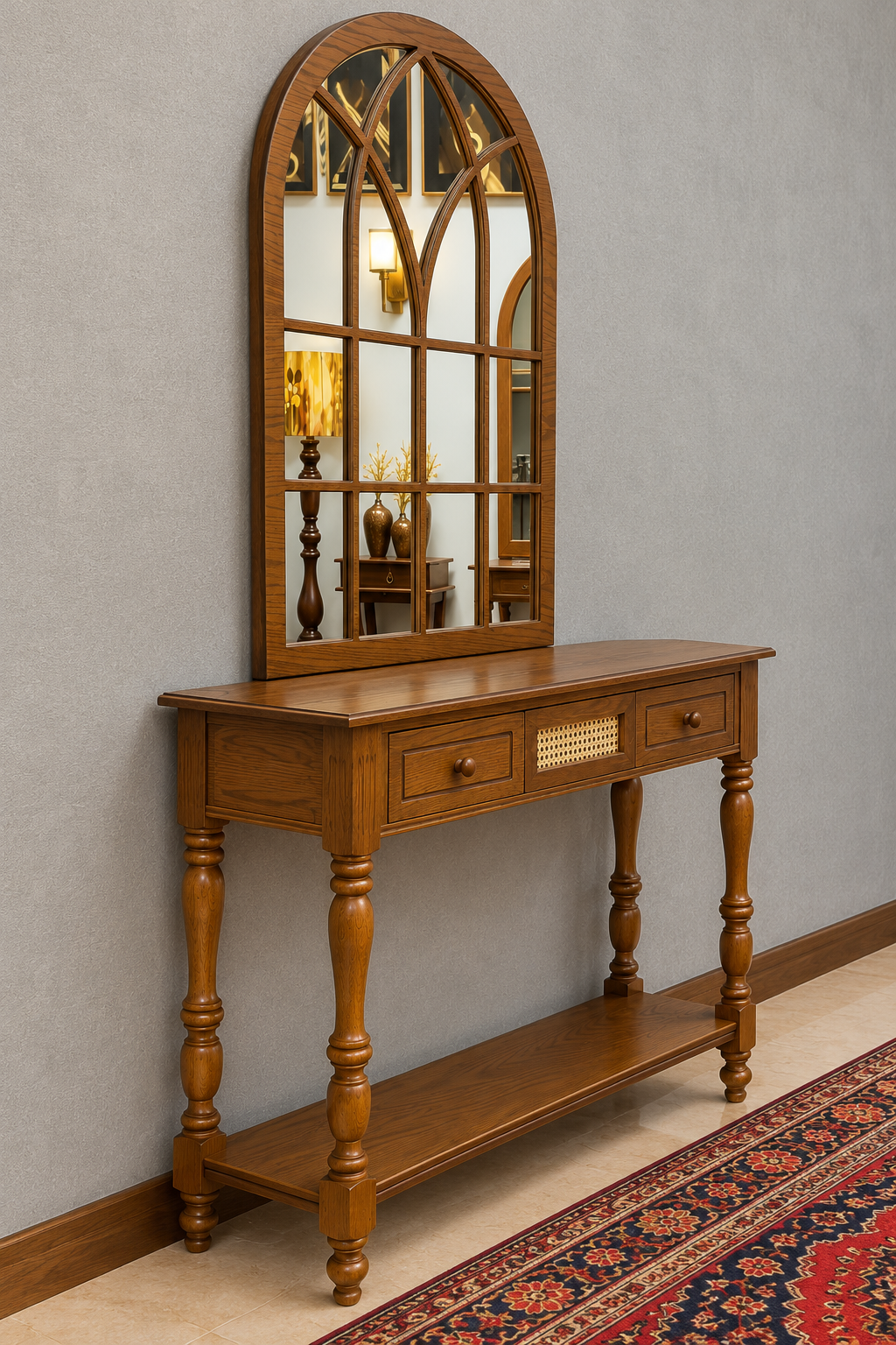 Royal Wooden Console Cabinet with Arched Decorative Mirror
