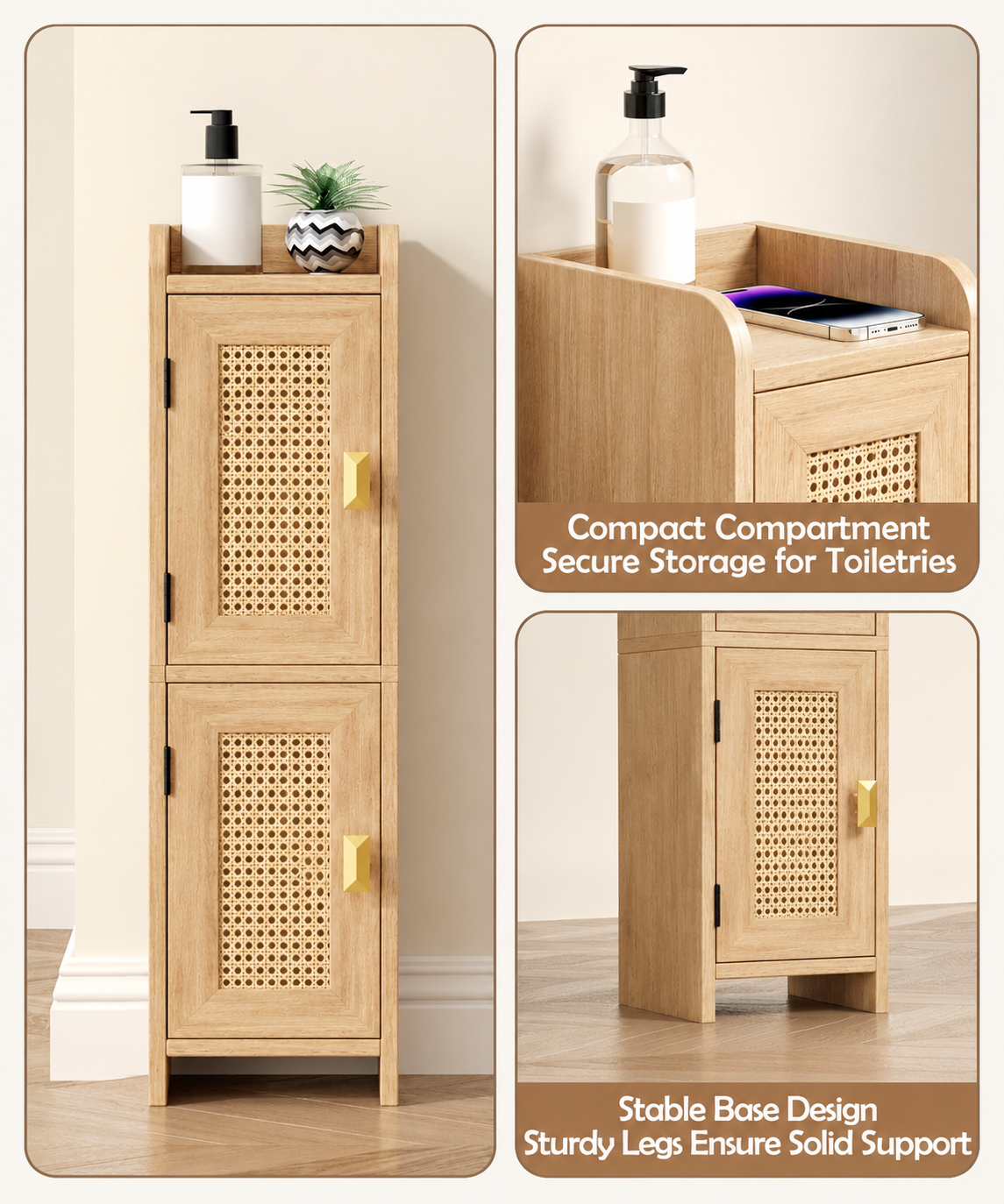 Rattan Small Bathroom Storage Cabinet – Slim Boho Organiser | Frizka India