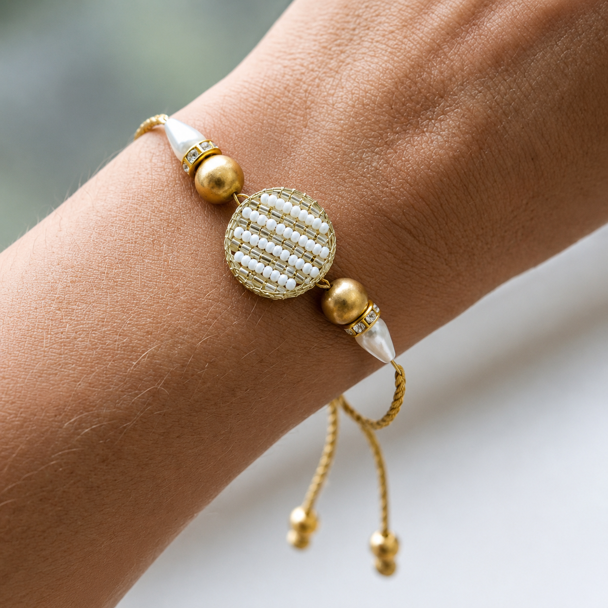 Pearl & Gold Rakhi with Adjustable Golden Thread