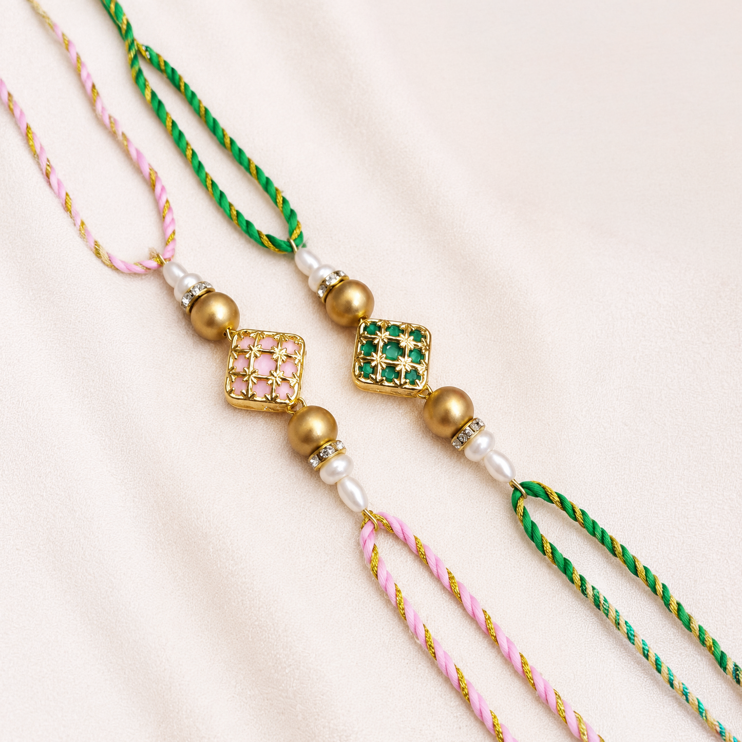 Set of 2 Premium Pastel Pink & Emerald Green Designer Rakhi for Brother