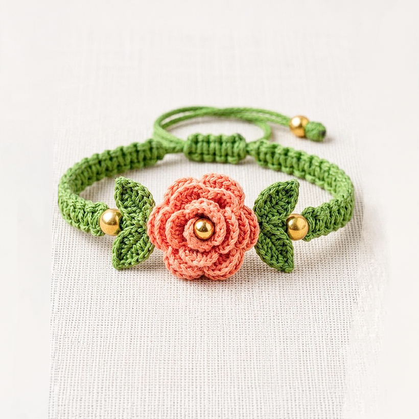 Peach Rose & Green Leaf Cotton Thread Rakhi