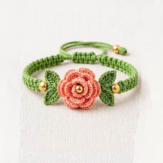 Peach Rose & Green Leaf Cotton Thread Rakhi