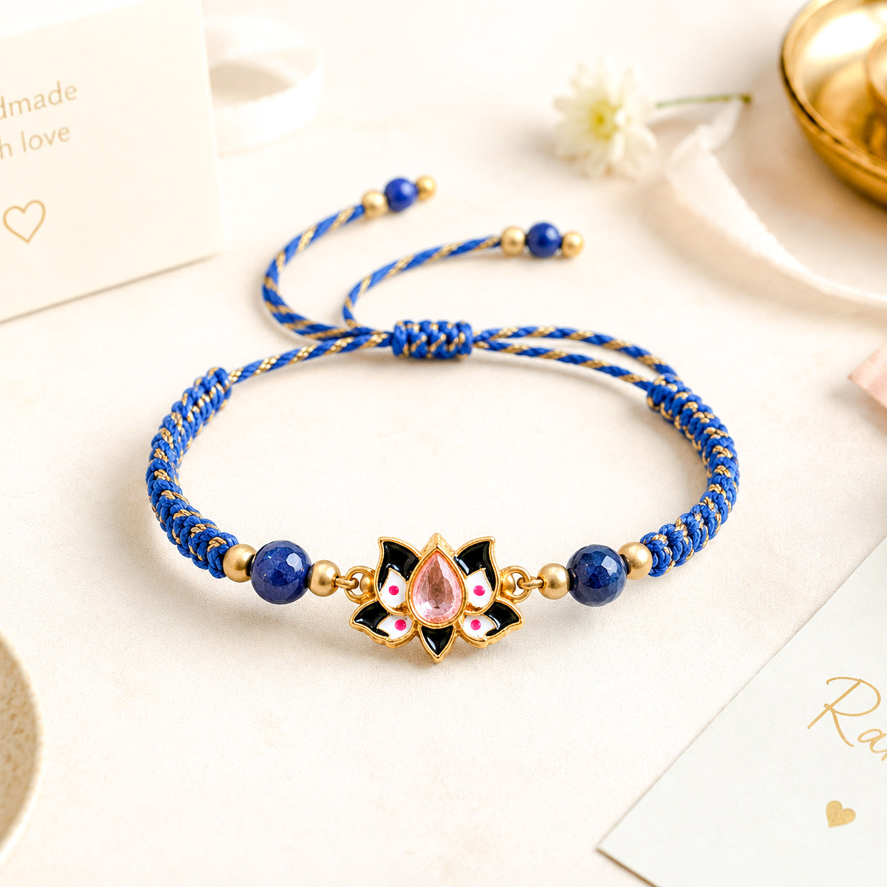Set of 4 Handmade Braided Rakhis with Beaded Charms