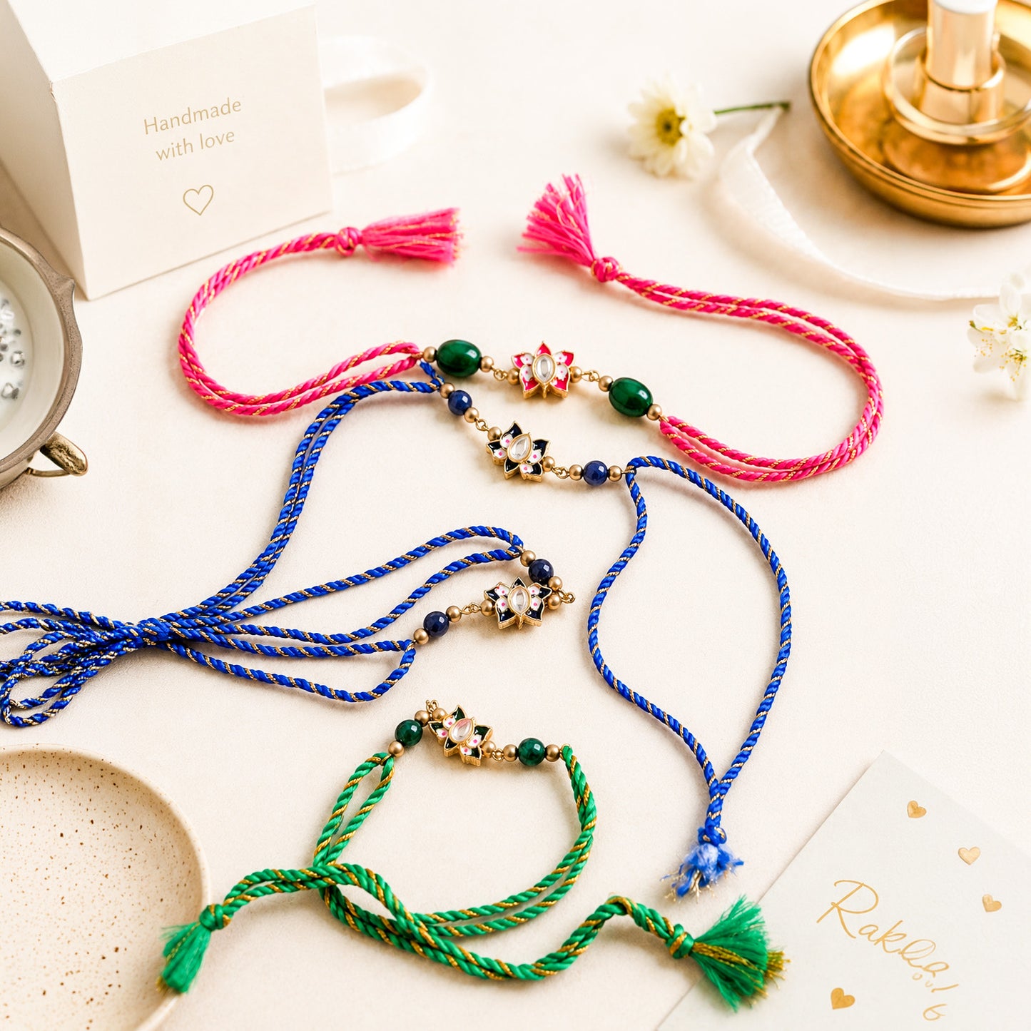 Set of 4 Handmade Braided Rakhis with Beaded Charms
