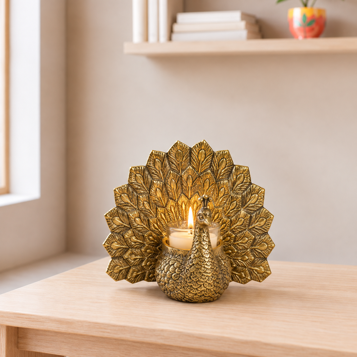 Metal Dancing Peacock with Scented Glass Votive Candle, Golden