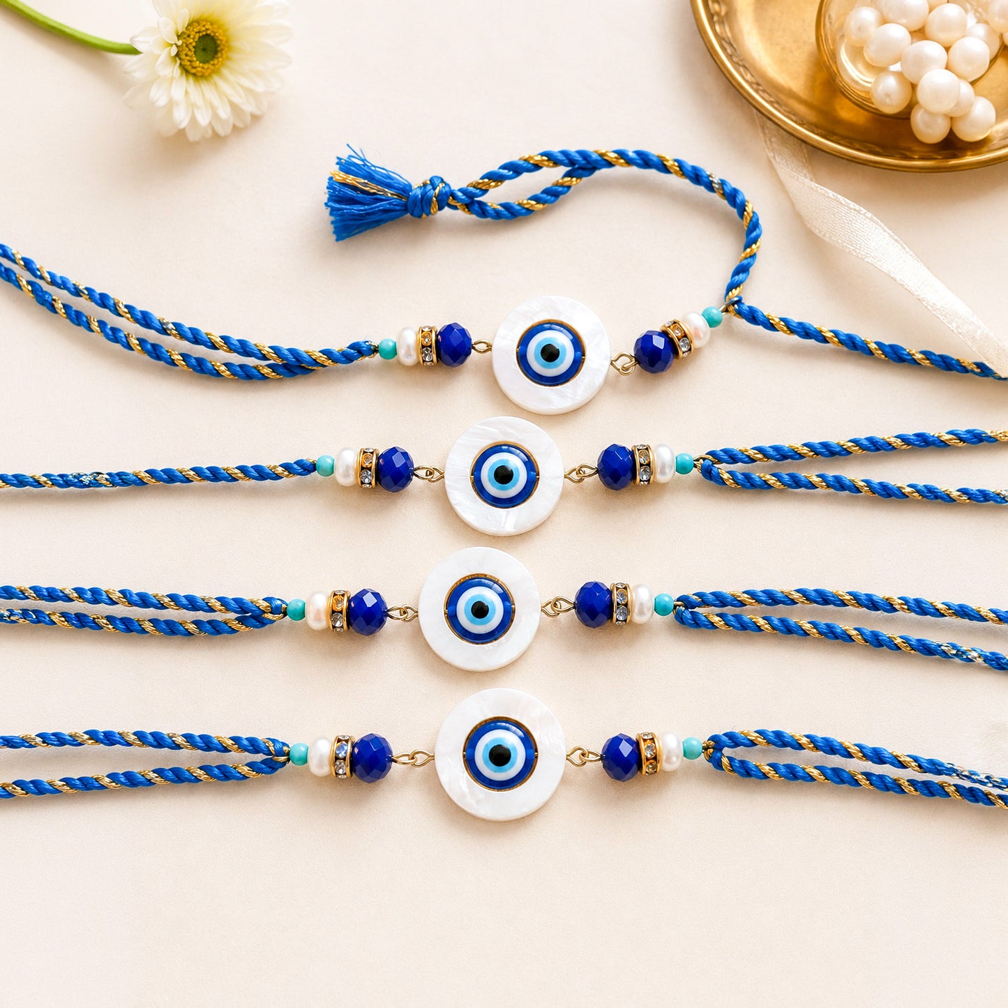 Evil Eye Rakhi with Blue & Gold Braid (Set of 4)
