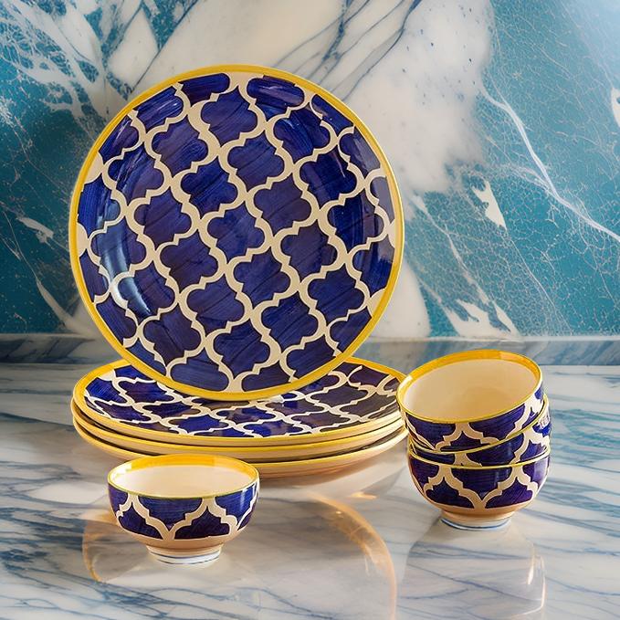 Frizka Moroccan Handpainted Ceramic Dinner Plates Set of 2 Ceramic Plates For Dinner and 2 bowls/katoris(10 Inch, Microwave Safe Plates & Dishwasher Safe) | Dinner Plates Ceramic - 4 Pieces