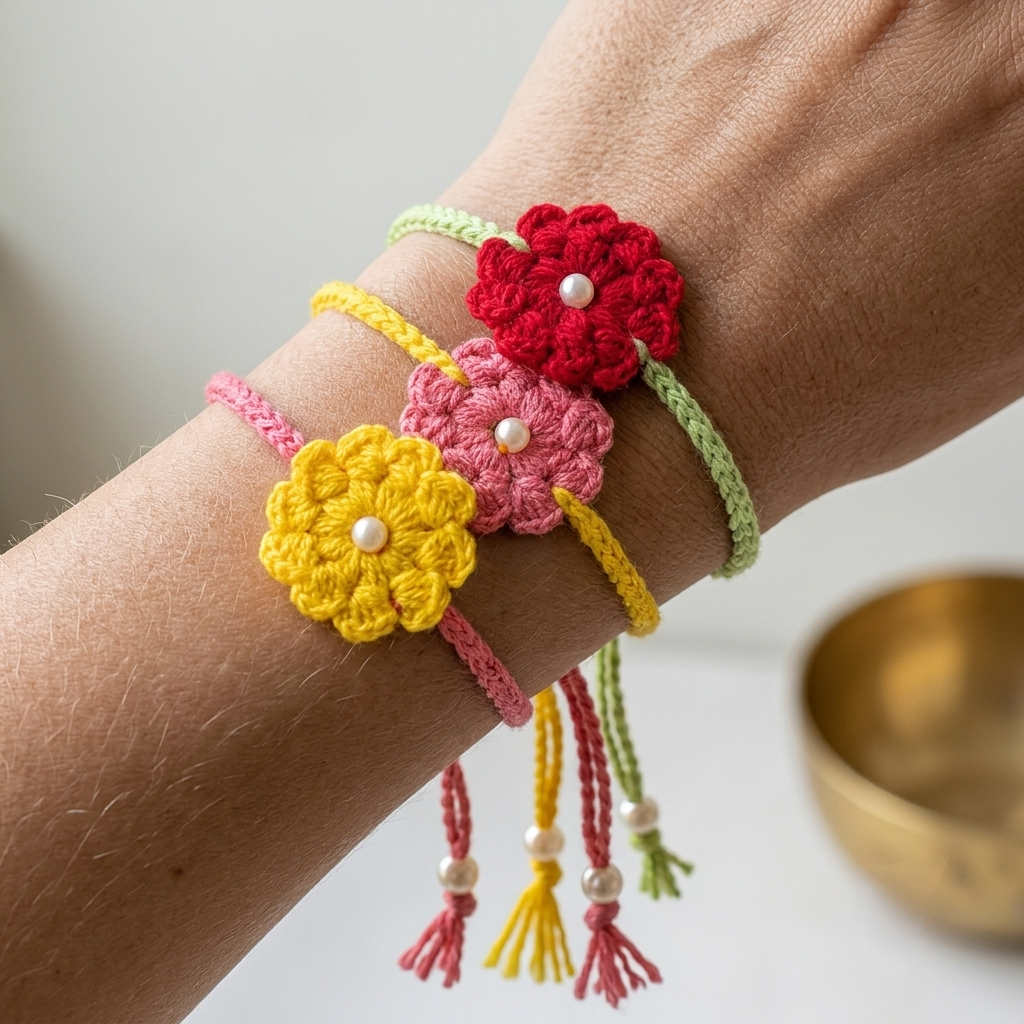 Set of 3 Handmade Crochet Flower Rakhi