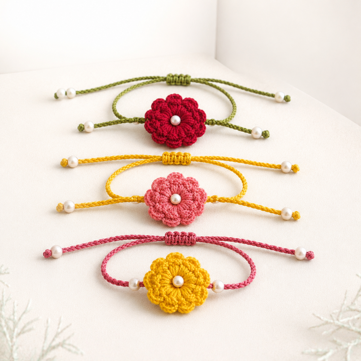 Set of 3 Handmade Crochet Flower Rakhi