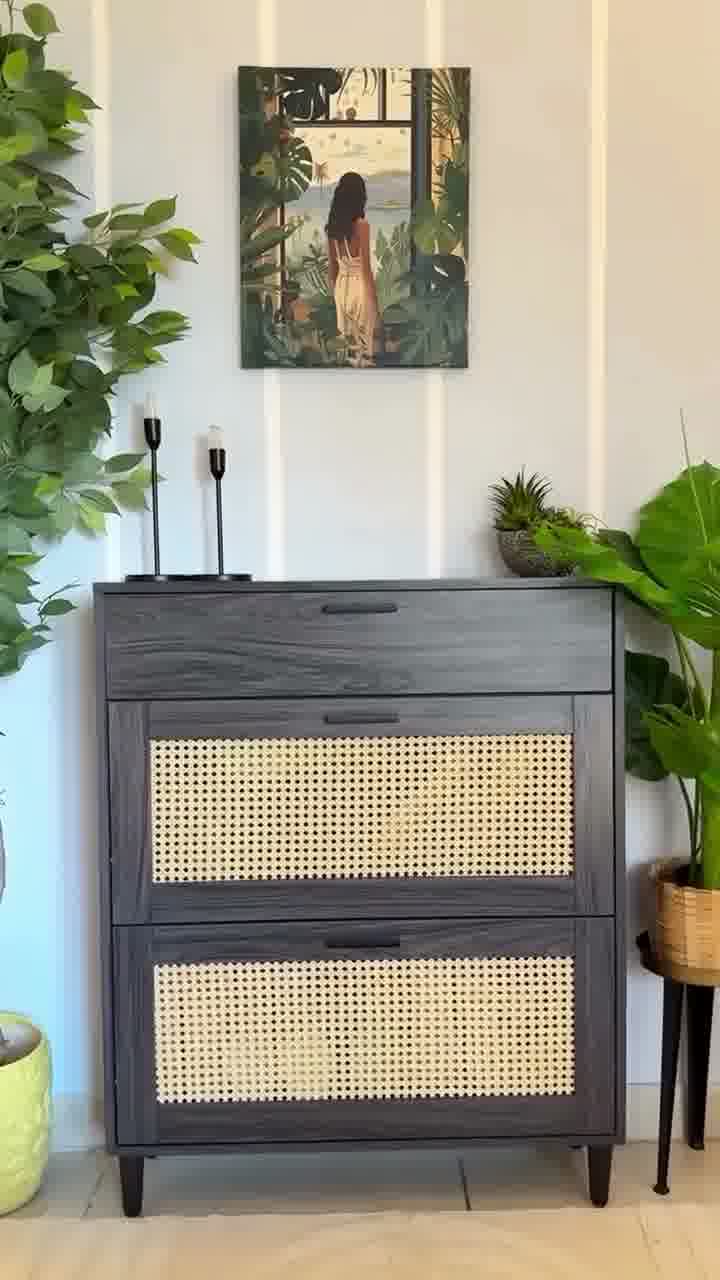 Rattan Shoe Organizer Cabinet Wooden Shoe Rack & Footwear Storage Cabinet