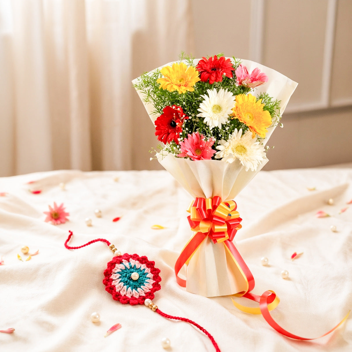 Gerbera Bouquet & Crochet Rakhi Combo