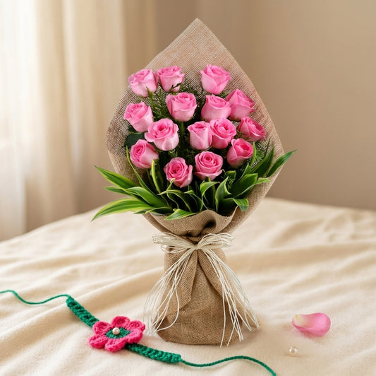 Pink Rose Bouquet & Crochet Flower Rakhi Combo