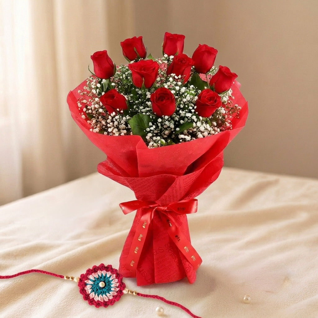 Bouquet of 10 Roses and Rakhi Combo